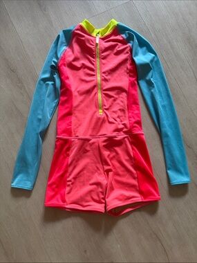 Crewcuts Kids Long-Sleeve One-Piece Rash Guard Swimsuit - Neon Coral & Aqua